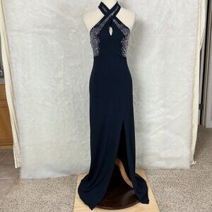 Vintage 90s Cache Navy Blue Sleeveless Rhinestone Halter Maxi Dress NWT XS